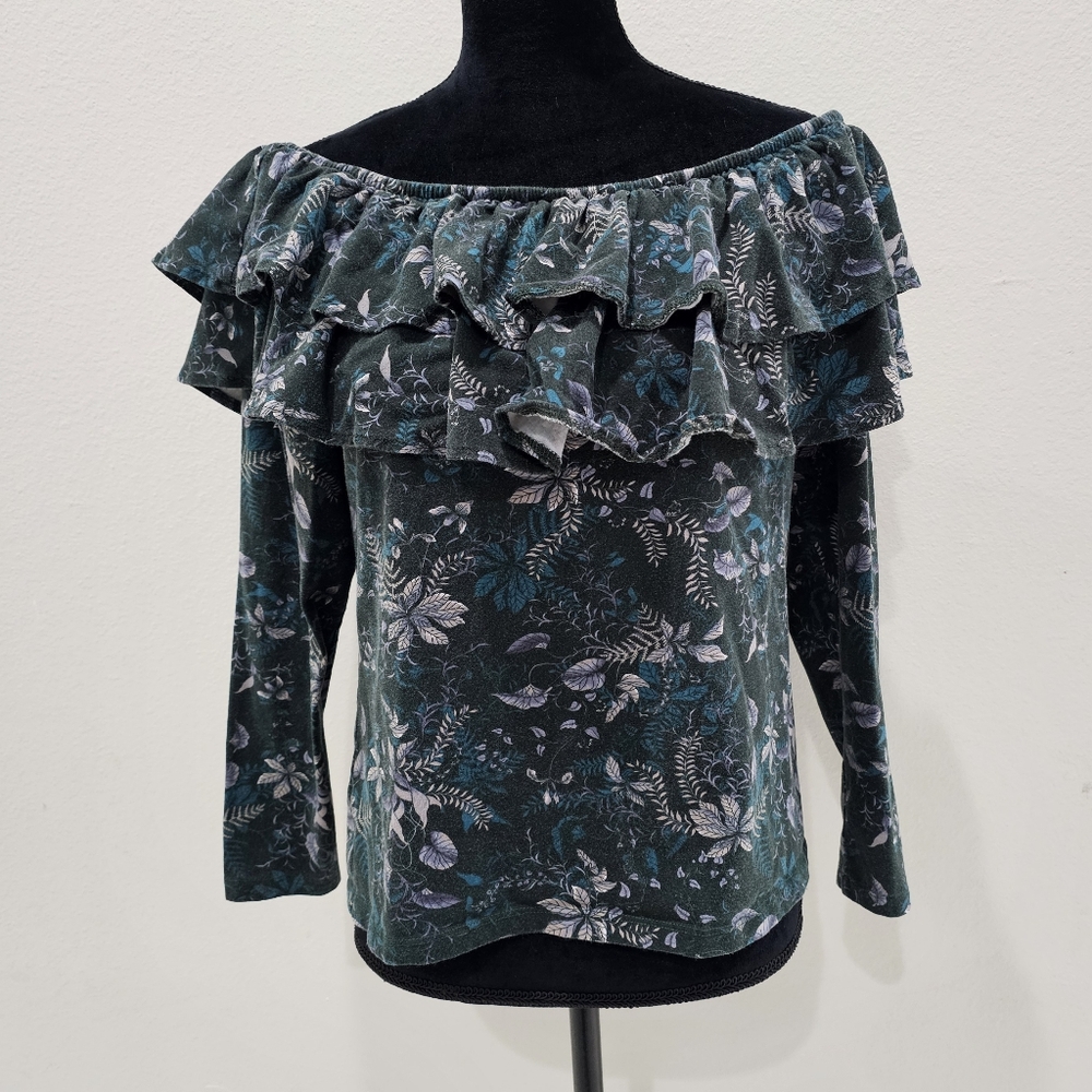 H&M Hunter Green Off Shoulder Ruffled Long Sleeve Blouse